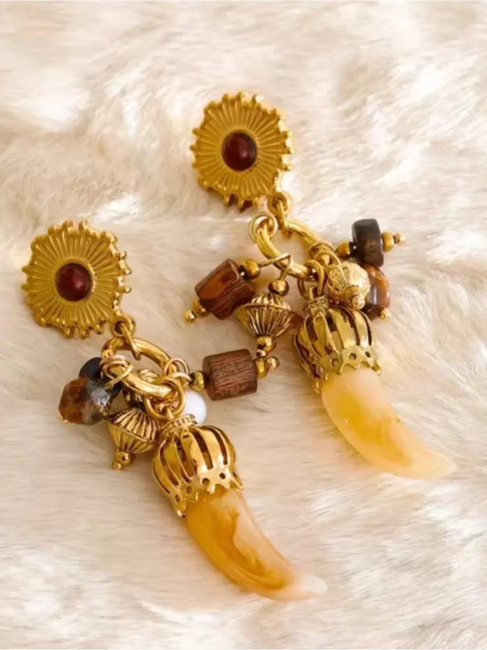 Vintage Gold Drop Earrings with Brown and Cream Accents
